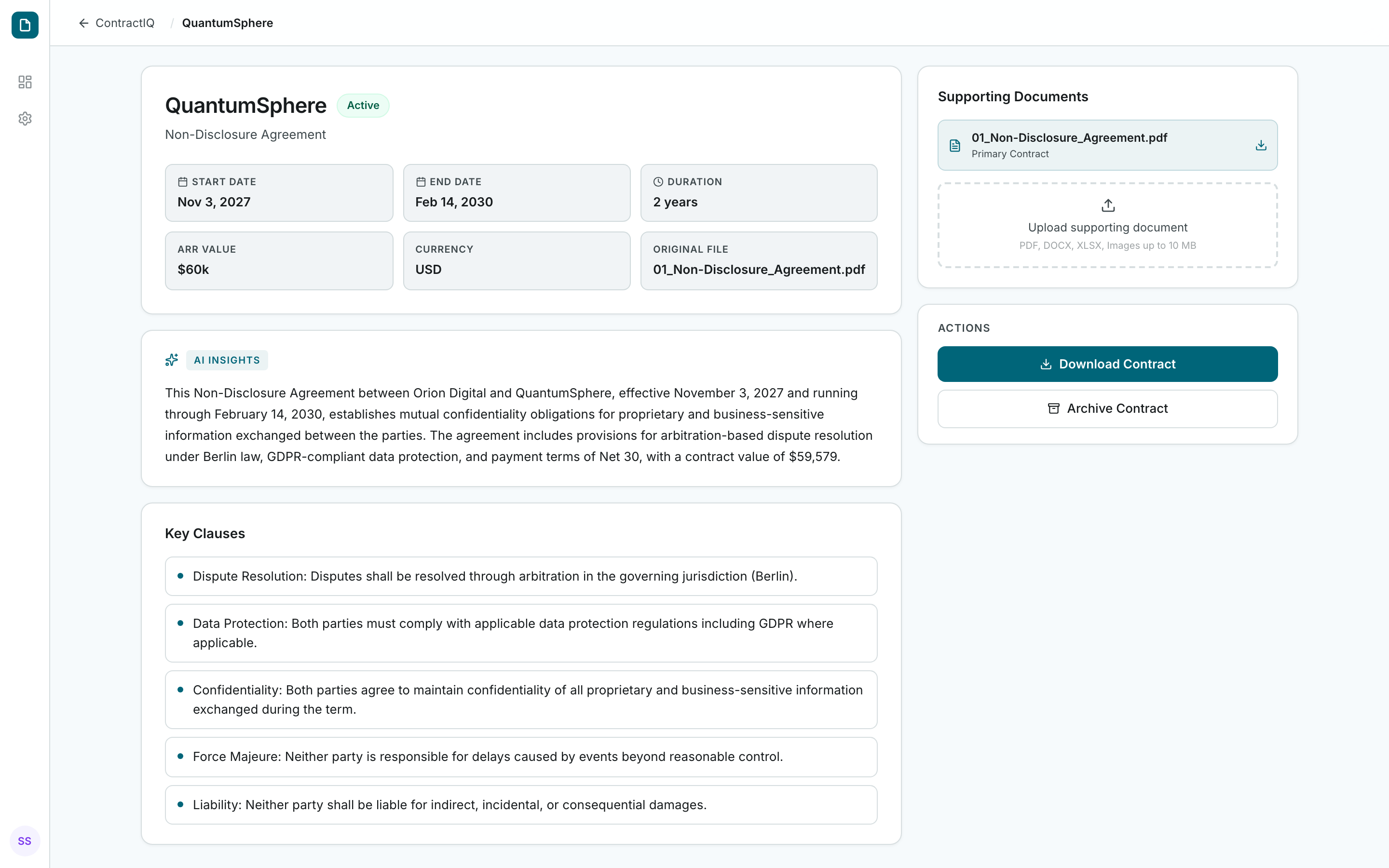 Contractg contract deep dive — QuantumSphere NDA with AI insights and supporting documents