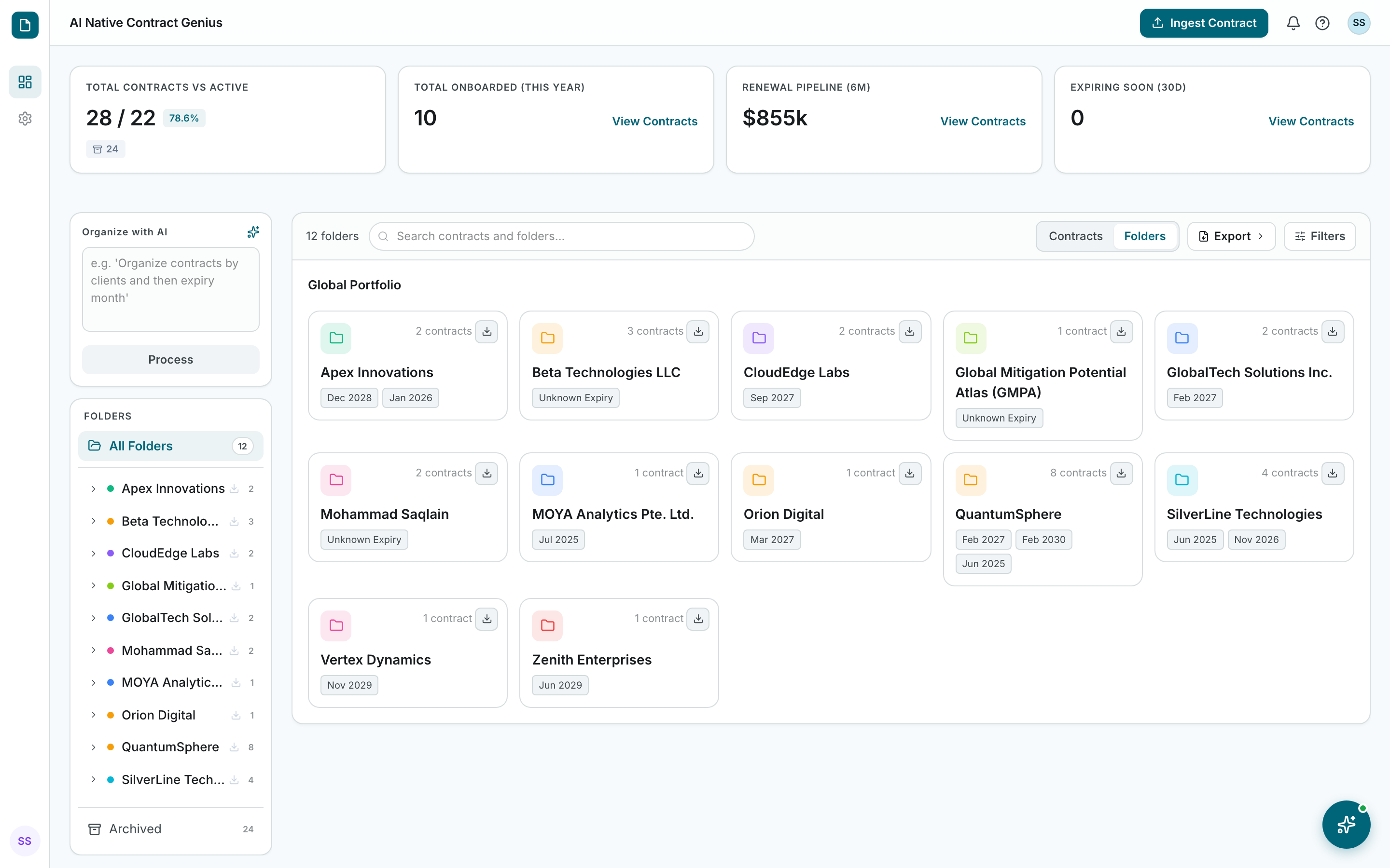 Contractg contract organizer — folders view showing all clients with contract counts
